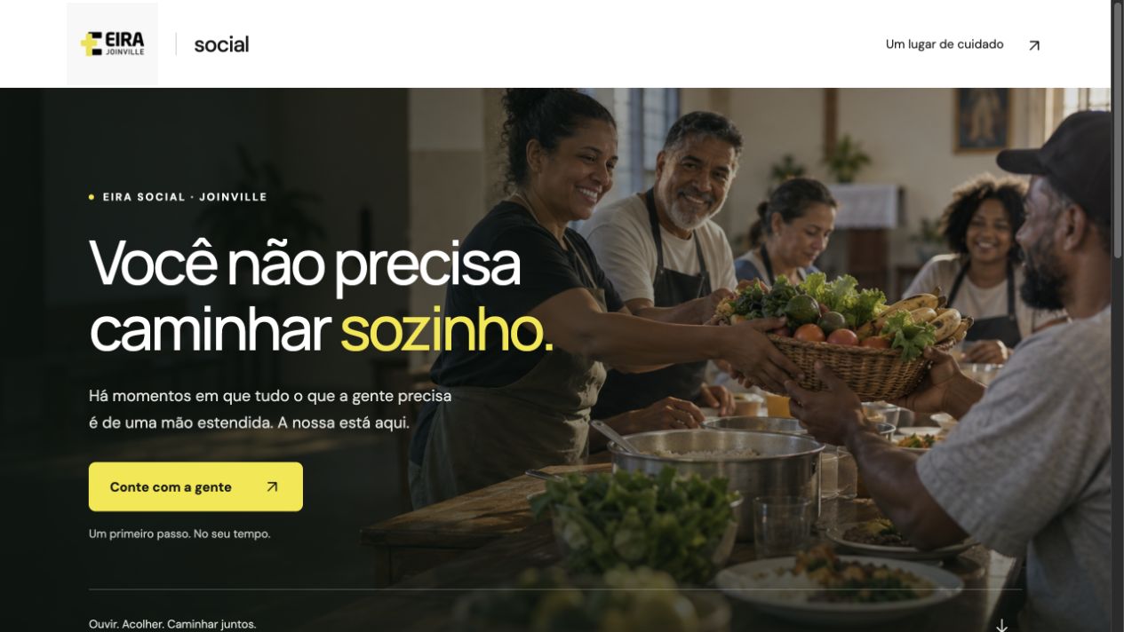 Print da Eira Social: página de acolhimento com a mensagem Você não precisa caminhar sozinho