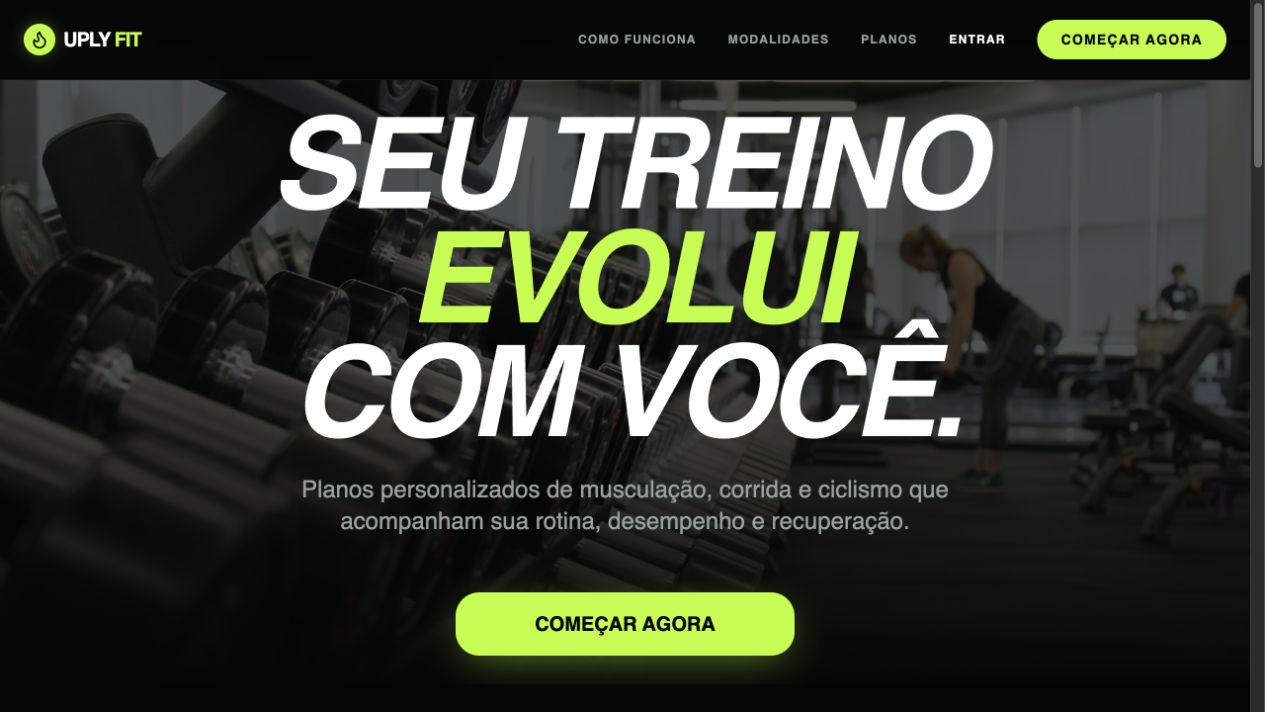 Print da UPLY FIT, com planos de treino e modalidades esportivas